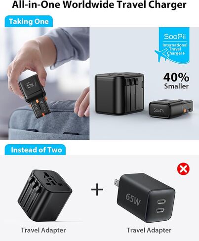 محول السفر العالمي SooPii، محول طاقة GaN بقدرة 65 وات مع منفذين USB-C، محول طاقة دولي، شاحن سفر مع قابس الولايات المتحدة/المملكة المتحدة/الاتحاد الأوروبي/الاتحاد الأفريقي لأجهزة iPhone 16/15، وGalaxy S25/S24، وiPad، إلخ. in Saudi Arabia