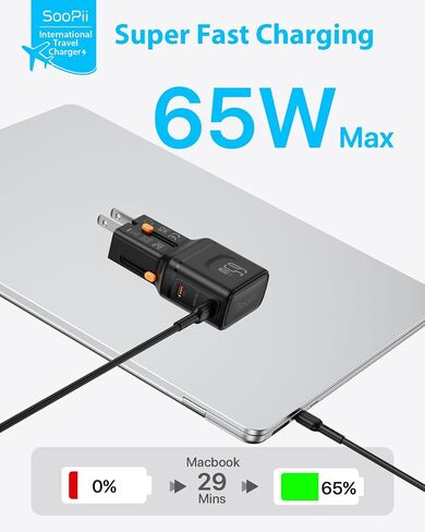 محول السفر العالمي SooPii، محول طاقة GaN بقدرة 65 وات مع منفذين USB-C، محول طاقة دولي، شاحن سفر مع قابس الولايات المتحدة/المملكة المتحدة/الاتحاد الأوروبي/الاتحاد الأفريقي لأجهزة iPhone 16/15، وGalaxy S25/S24، وiPad، إلخ. in Saudi Arabia