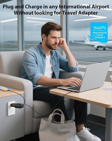 محول السفر العالمي SooPii، محول طاقة GaN بقدرة 65 وات مع منفذين USB-C، محول طاقة دولي، شاحن سفر مع قابس الولايات المتحدة/المملكة المتحدة/الاتحاد الأوروبي/الاتحاد الأفريقي لأجهزة iPhone 16/15، وGalaxy S25/S24، وiPad، إلخ. in Saudi Arabia
