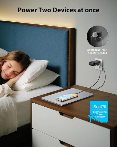 محول السفر العالمي SooPii، محول طاقة GaN بقدرة 65 وات مع منفذين USB-C، محول طاقة دولي، شاحن سفر مع قابس الولايات المتحدة/المملكة المتحدة/الاتحاد الأوروبي/الاتحاد الأفريقي لأجهزة iPhone 16/15، وGalaxy S25/S24، وiPad، إلخ. in Saudi Arabia