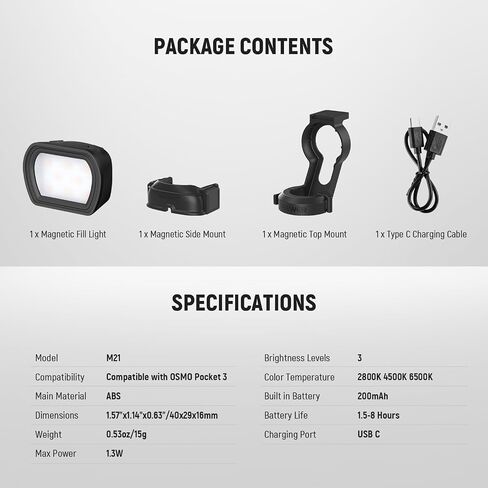 NEEWER Basics Magnetic RGB Light Compatible with DJI OSMO Pocket 3 Gimbal Camera & Creator Combo Accessories, 1W USB C Rechargeable Plastic LED Auxiliary & Fill Lighting for Selfie Vlog Video, M21C in Saudi Arabia