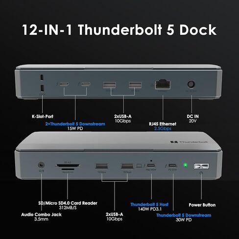 قاعدة توصيل WAVLINK Thunderbolt 5، محطة إرساء 12 في 1 TB5 مع أقصى نقل 120 جيجابت في الثانية، 140 وات PD، منفذ إيثرنت 2.5 جيجا، 4x USB-A 3.2 Gen 2، SD 4.0، شاشة 8K لأجهزة الكمبيوتر المحمولة التي تعمل بنظام التشغيل Windows 11/Mac OS 14.6 أو أحدث TB5/4 in Saudi Arabia