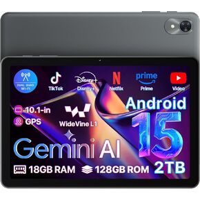 Android 15 Tablet 10.1 inch,18(6+12) GB+128GB+2TB Expandable 2025 Widevine L1 Tablets with Speed 2.0 GHz,1280x800 HD IPS,FM Radio, 5000mAh,WiFi6,GPS,Bluetooth,Travel Gift,Kids Space,YT Kids in Kuwait