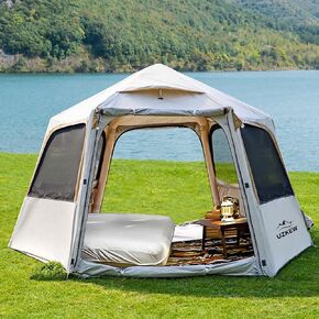 Hexagon Inflatable Camping Tent, 1-4 Person 2 Doors & 4 Mesh Windows Quick Setup Blow Up Tent Air Glamping Tents Big Large Waterproof Windproof, 4 Season for Outdoor Camping Adult Manual Pump in Saudi Arabia