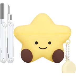 حافظة لطيفة متوافقة مع غطاء حافظة AirPods 4 2024، حافظة من الجيل الرابع من الرسوم المتحركة ثلاثية الأبعاد من Kawaii Funny AirPods، غطاء واقٍ من السيليكون على شكل نجمة مع مجموعة أدوات تنظيف وسلسلة مفاتيح للنساء والفتيات (أصفر) in Kuwait