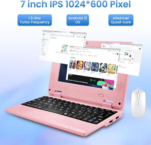 7" Portable Small Laptop, Android 12.0 OS with 2GB RAM 32GB ROM,Processor A133P Type-C 5V 2A Mini Laptop Notebook for Kids (Pink) in Saudi Arabia