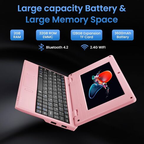 7" Portable Small Laptop, Android 12.0 OS with 2GB RAM 32GB ROM,Processor A133P Type-C 5V 2A Mini Laptop Notebook for Kids (Pink) in Saudi Arabia