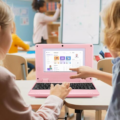 7" Portable Small Laptop, Android 12.0 OS with 2GB RAM 32GB ROM,Processor A133P Type-C 5V 2A Mini Laptop Notebook for Kids (Pink) in Saudi Arabia