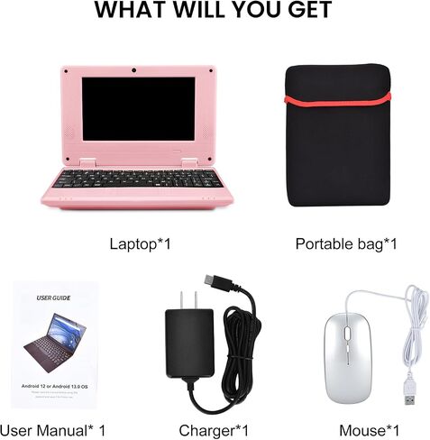 7" Portable Small Laptop, Android 12.0 OS with 2GB RAM 32GB ROM,Processor A133P Type-C 5V 2A Mini Laptop Notebook for Kids (Pink) in Saudi Arabia