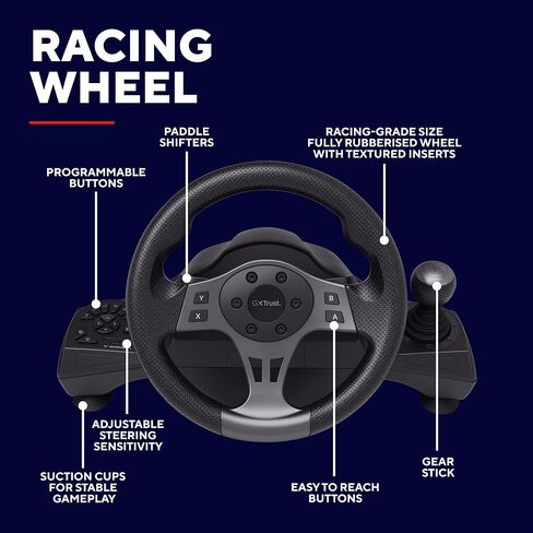 كمبيوتر عجلة القيادة للألعاب Trust GXT 289 Movi وXbox Series X/S وPS4 وNintendo Switch وعجلة سباق مع دواسات ومجاديف نقل الحركة وردود فعل الاهتزاز وSim Racing Farming Simulator / F1 / Gran Turismo in Kuwait