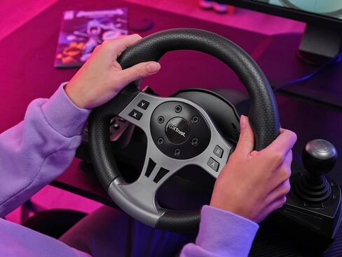 كمبيوتر عجلة القيادة للألعاب Trust GXT 289 Movi وXbox Series X/S وPS4 وNintendo Switch وعجلة سباق مع دواسات ومجاديف نقل الحركة وردود فعل الاهتزاز وSim Racing Farming Simulator / F1 / Gran Turismo in Kuwait