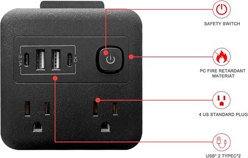 موسع منافذ متعددة المكونات مع USB - مقسم حماية من زيادة التيار 4 شاحن حائط USB - مقسم منافذ متعددة المقابس، منفذ متباعد على نطاق واسع للسفر، المنزل، غرفة النوم الجامعية (أبيض) in Kuwait