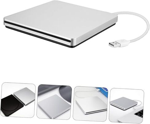 USB External DVD CD ROM Burner Drive Silver Gray Portable Optical Disk Writer for Laptop Desktop Compatible with Windows Data Backup and Movie Playback in Saudi Arabia