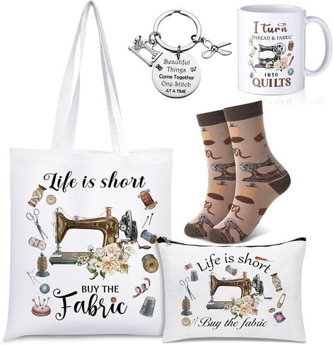 Abbylike 5 Pcs Sewing Gifts for Seamstress Women Canvas Bag Cosmetic Bag Quilting Coffee Mug Socks 11 oz Quilter Keychain Funny Gifts for Quilters Sewing Lovers in Saudi Arabia