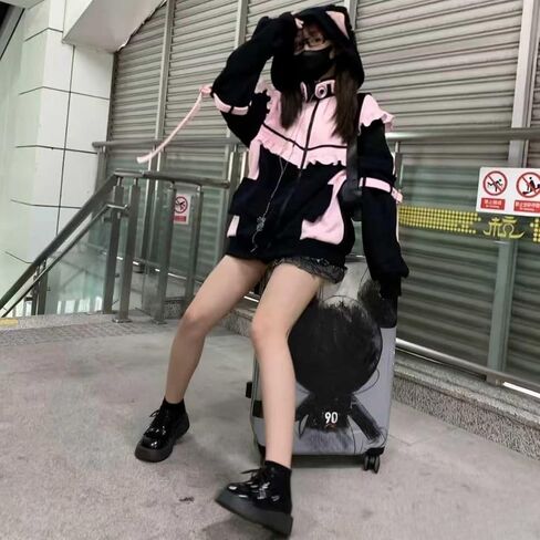 Pokn Tenshii Kawaii Hoodies Jirai Kei Fashion Cute Cat Ears Clothes Oversized Zip Up Hoodie Gothic Top in Saudi Arabia