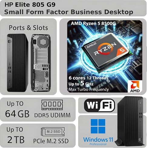 HP EliteDesk 805 G9 SFF Business Desktop Computer, AMD Ryzen 5 8500G, 16GB DDR5, 512GB PCIe SSD, Radeon 740M Graphics, Dual 4K Display Support, USB-C, HDMI, RJ-45, Wi-Fi, Wired KB & Mouse, Win11 Pro in Saudi Arabia