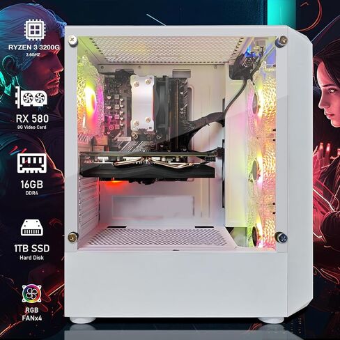 STGAubron Gaming PC Bundle with 24 inch FHD LED Monitor- AMD Ryzen 3 3200G 3.6 GHz, Radeon RX 580 8G, 16G DDR4, 1T SSD, RGB Fan x4, Windows 11 Home in Saudi Arabia