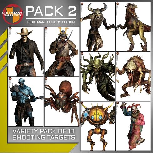 SHERMAN'S GALLERIES Pack 2: Nightmare Legions Edition - 20"×28" - 10 Paper Shooting Targets, Assorted Characters - USA Brand, Made in Japan in Saudi Arabia