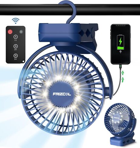 Portable Clip on Fan 65 Working Hours, Camping Fans with LED Lights & Hook, 12000 Capacity Battery Operated Fan with Clamp, USB Rechargeable for Desk, Tent, Treadmill, Stroller, Golf Cart, Home in Kuwait