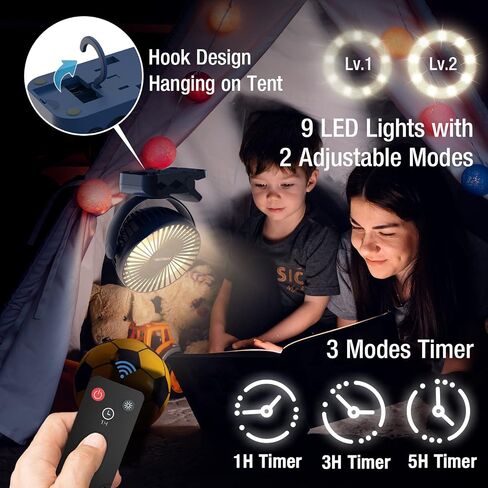 Portable Clip on Fan 65 Working Hours, Camping Fans with LED Lights & Hook, 12000 Capacity Battery Operated Fan with Clamp, USB Rechargeable for Desk, Tent, Treadmill, Stroller, Golf Cart, Home in Kuwait