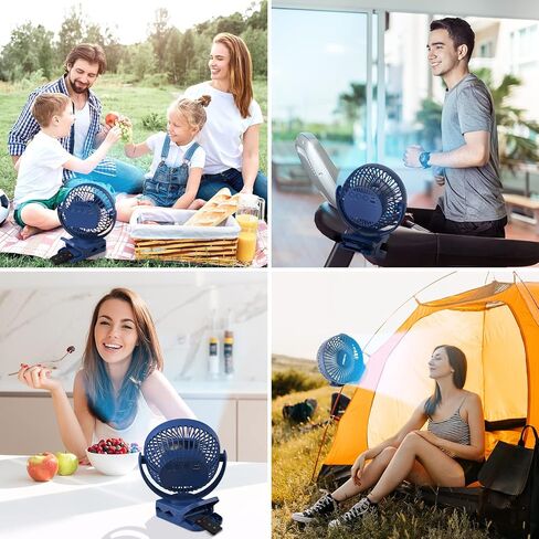 Portable Clip on Fan 65 Working Hours, Camping Fans with LED Lights & Hook, 12000 Capacity Battery Operated Fan with Clamp, USB Rechargeable for Desk, Tent, Treadmill, Stroller, Golf Cart, Home in Kuwait