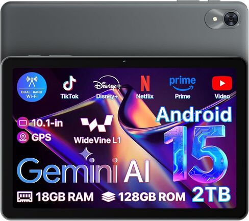 Android 15 Tablet 10.1 inch,18(6+12) GB+128GB+2TB Expandable 2025 Widevine L1 Tablets with Speed 2.0 GHz,1280x800 HD IPS,FM Radio, 5000mAh,WiFi6,GPS,Bluetooth,Travel Gift,Kids Space,YT Kids in Kuwait