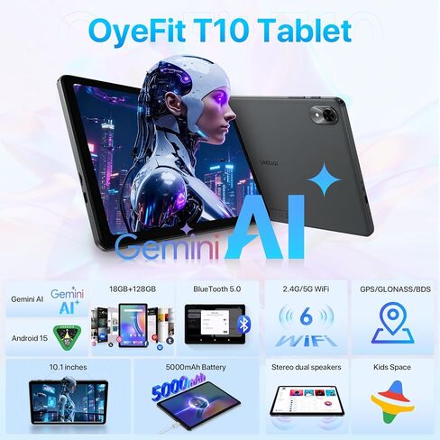 Android 15 Tablet 10.1 inch,18(6+12) GB+128GB+2TB Expandable 2025 Widevine L1 Tablets with Speed 2.0 GHz,1280x800 HD IPS,FM Radio, 5000mAh,WiFi6,GPS,Bluetooth,Travel Gift,Kids Space,YT Kids in Kuwait