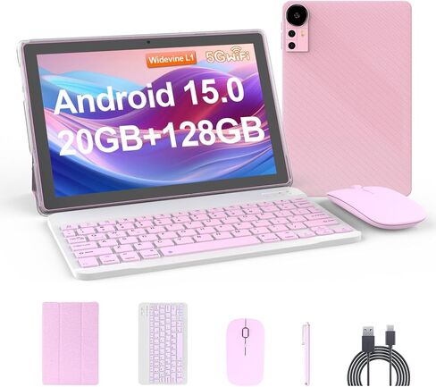 Tablet 10.1Inch Android 15.0, RAM 20GB(4+16Expand)+ROM 128GB, 6000mAh Battery, 2+8MP Dual Camera, 1280*800 IPS HD Touch Screen Tab PC Set with Keyboard+Mouse+Protective Case+Stylus, (Pink) in Kuwait