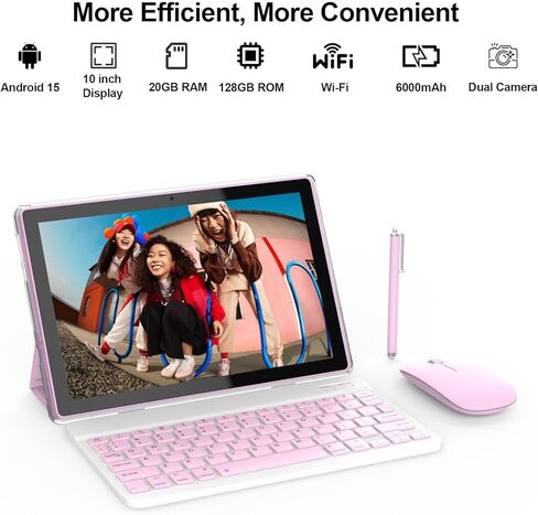 Tablet 10.1Inch Android 15.0, RAM 20GB(4+16Expand)+ROM 128GB, 6000mAh Battery, 2+8MP Dual Camera, 1280*800 IPS HD Touch Screen Tab PC Set with Keyboard+Mouse+Protective Case+Stylus, (Pink) in Kuwait