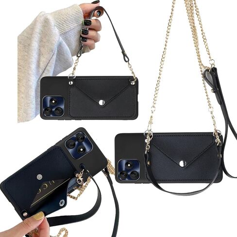 for BLU G64L 5G Wallet Case Crossbody Chain Strip, Blu G64L 2025 Phone Cover Back Purse with Card Holder for Women Girly, Credit-Card Slots with Faux Learher Wrist Strap - Black in Saudi Arabia