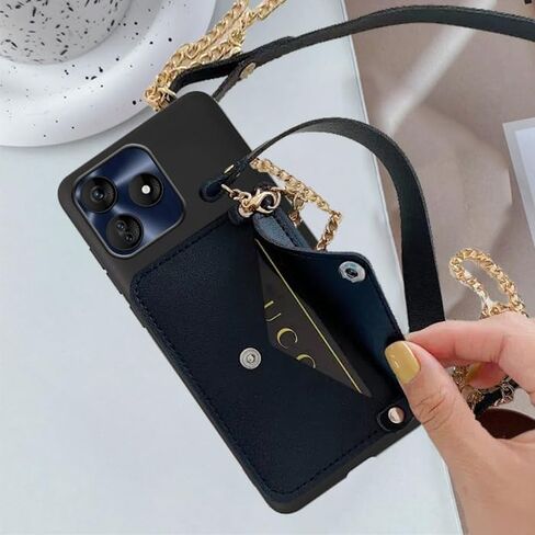 for BLU G64L 5G Wallet Case Crossbody Chain Strip, Blu G64L 2025 Phone Cover Back Purse with Card Holder for Women Girly, Credit-Card Slots with Faux Learher Wrist Strap - Black in Saudi Arabia