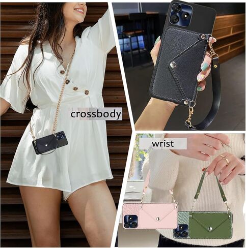 for BLU G64L 5G Wallet Case Crossbody Chain Strip, Blu G64L 2025 Phone Cover Back Purse with Card Holder for Women Girly, Credit-Card Slots with Faux Learher Wrist Strap - Black in Saudi Arabia