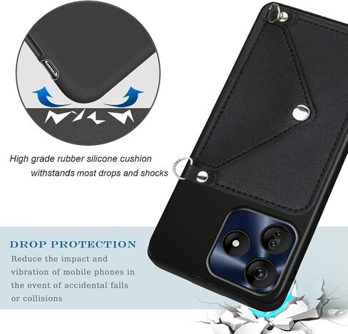 for BLU G64L 5G Wallet Case Crossbody Chain Strip, Blu G64L 2025 Phone Cover Back Purse with Card Holder for Women Girly, Credit-Card Slots with Faux Learher Wrist Strap - Black in Saudi Arabia