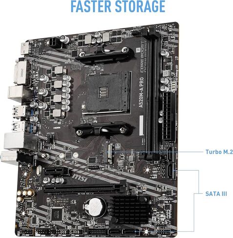 اللوحة الأم للألعاب MSI A520M-A PRO (AMD AM4، DDR4، PCIe 4.0، SATA 6 جيجابايت/ثانية، Dual M.2، USB 3.2 Gen 1، DVI/HDMI، Micro-ATX) (متجددة) in Saudi Arabia