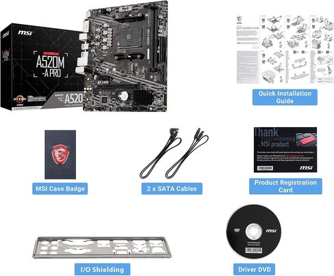 اللوحة الأم للألعاب MSI A520M-A PRO (AMD AM4، DDR4، PCIe 4.0، SATA 6 جيجابايت/ثانية، Dual M.2، USB 3.2 Gen 1، DVI/HDMI، Micro-ATX) (متجددة) in Saudi Arabia