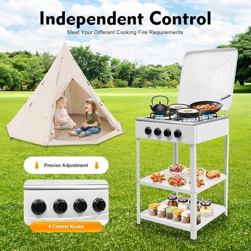 موقد غاز البروبان المحمول، موقد غاز طبيعي مع 4 حروق في الهواء الطلق موقد البروبان موقد التخييم مع 2 رف تخزين شوايات البروبان مع غطاء موقد الطبخ للمنزل المطبخ RV في الهواء الطلق (أسود) in Kuwait