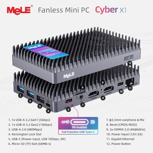 MeLE Mini PC Cyber ​​X1 - N150 كمبيوتر بدون مروحة، ذاكرة وصول عشوائي 16 جيجابايت، تخزين 512 جيجابايت، 2.4/5 جيجا واي فاي، أجهزة كمبيوتر صغيرة USB-C كاملة الوظائف، سطح مكتب ثلاثي العرض 4K في المنزل والمكتب والتعليم والتصوير الفلكي in Saudi Arabia