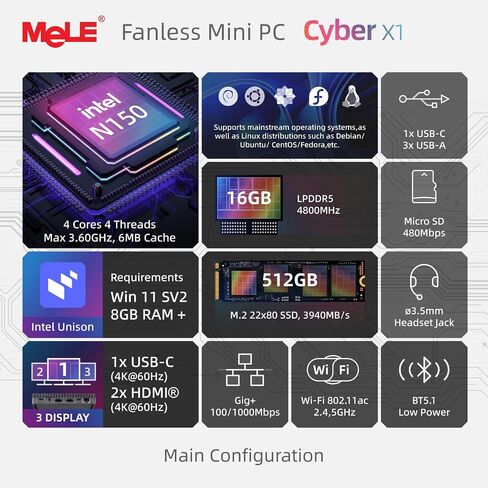 MeLE Mini PC Cyber ​​X1 - N150 كمبيوتر بدون مروحة، ذاكرة وصول عشوائي 16 جيجابايت، تخزين 512 جيجابايت، 2.4/5 جيجا واي فاي، أجهزة كمبيوتر صغيرة USB-C كاملة الوظائف، سطح مكتب ثلاثي العرض 4K في المنزل والمكتب والتعليم والتصوير الفلكي in Saudi Arabia