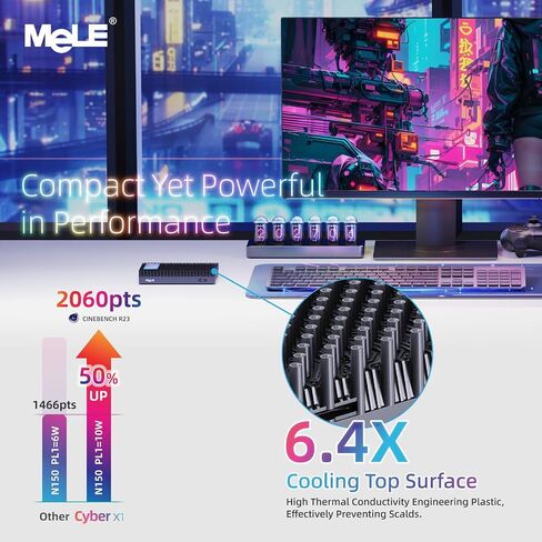 MeLE Mini PC Cyber ​​X1 - N150 كمبيوتر بدون مروحة، ذاكرة وصول عشوائي 16 جيجابايت، تخزين 512 جيجابايت، 2.4/5 جيجا واي فاي، أجهزة كمبيوتر صغيرة USB-C كاملة الوظائف، سطح مكتب ثلاثي العرض 4K في المنزل والمكتب والتعليم والتصوير الفلكي in Saudi Arabia