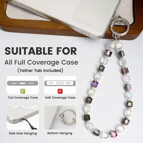 Phone Charm Strap, Sparkling Crystal Beaded Lanyard with Tether Tab &Metal Buckle for Cellphone, Wrist Keychain for Car Keys with D Ring for Women. in Saudi Arabia