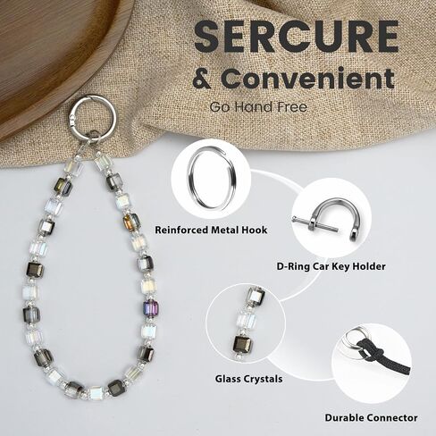 Phone Charm Strap, Sparkling Crystal Beaded Lanyard with Tether Tab &Metal Buckle for Cellphone, Wrist Keychain for Car Keys with D Ring for Women. in Saudi Arabia