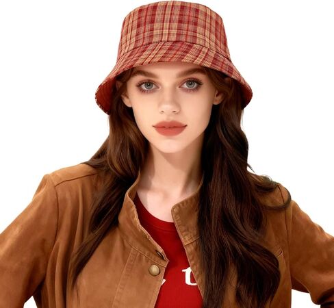DOCILA Stylish Bucket Hats for Women Foldable Outdoor Plaid Fisherman Sun/Rain Cap with Chin Strap in Saudi Arabia