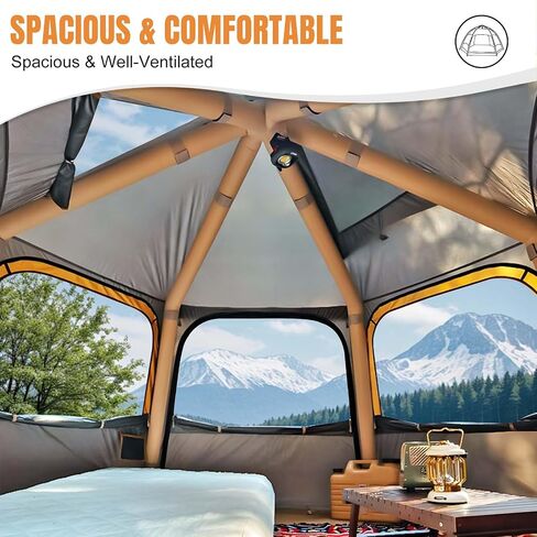 Hexagon Inflatable Camping Tent, 1-4 Person 2 Doors & 4 Mesh Windows Quick Setup Blow Up Tent Air Glamping Tents Big Large Waterproof Windproof, 4 Season for Outdoor Camping Adult Manual Pump in Saudi Arabia