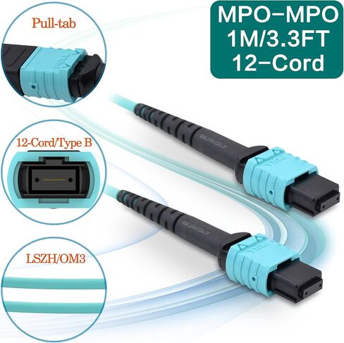 10M/33Ft 12 Core MPO to MPO Optical Fiber Cable OM3 Multimode Type B Patch Cord Female LSZH Jumper for 10G QSFP+/QSFP28 MTP Compatible in Saudi Arabia