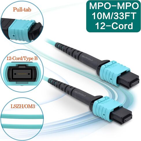 10M/33Ft 12 Core MPO to MPO Optical Fiber Cable OM3 Multimode Type B Patch Cord Female LSZH Jumper for 10G QSFP+/QSFP28 MTP Compatible in Kuwait