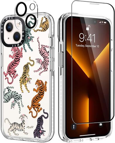 [3 in 1 Designed for iPhone 14 Plus Case Cow Print with Built-in Bumper Protective Phone Case Cover for iPhone 14 Plus Cases 6.7" Tempered Glass Screen Protector + Camera Lens Protector in Saudi Arabia
