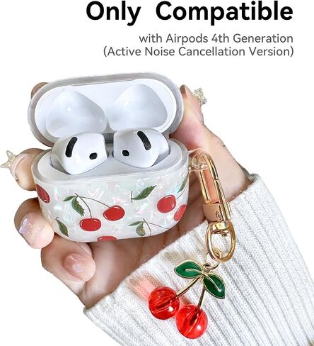 متوافق مع حافظة AirPods 4، غطاء حافظة AirPod 4 جميل وجميل مع سلسلة مفاتيح، حافظة ناعمة من مادة TPU الواقية مقاومة للصدمات للنساء والفتيات (الكرز، لجراب AirPod 4) in Kuwait
