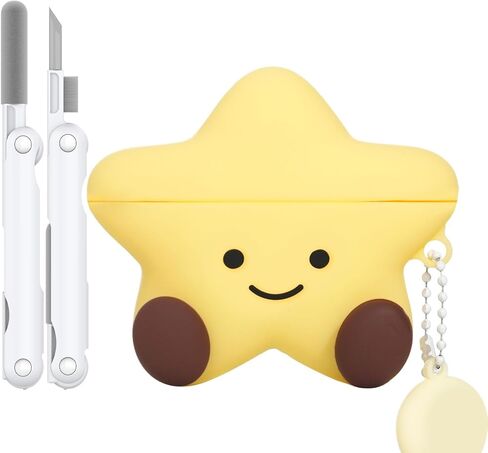 حافظة لطيفة متوافقة مع غطاء حافظة AirPods 4 2024، حافظة من الجيل الرابع من الرسوم المتحركة ثلاثية الأبعاد من Kawaii Funny AirPods، غطاء واقٍ من السيليكون على شكل نجمة مع مجموعة أدوات تنظيف وسلسلة مفاتيح للنساء والفتيات (أصفر) in Kuwait