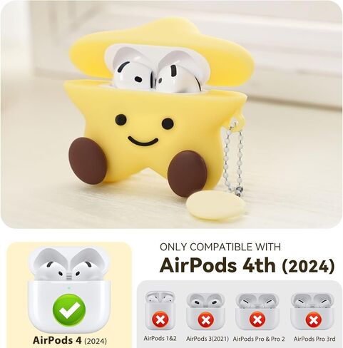 Cute Case Compatible with AirPods 4 Case Cover 2024,Kawaii Funny 3D Cartoon AirPods 4th Genaration Case,Star Shape Silicone Protective Cover with Cleaner Kit and Keychain for Women Girls(Yellow) in Saudi Arabia