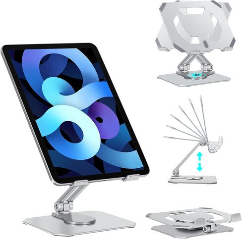 حامل حامل للتابلت للمكتب، حامل محمول من الألومنيوم قابل للتعديل يدور 360 درجة، حامل سطح المكتب قابل للطي عالي التحمل متوافق مع iPad، فضي in Saudi Arabia